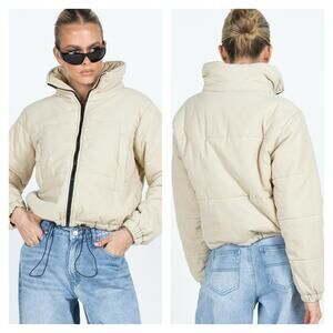 Princess Polly Beige Corduroy Cropped Puffer Jacket Size 0 Zip Front Coat